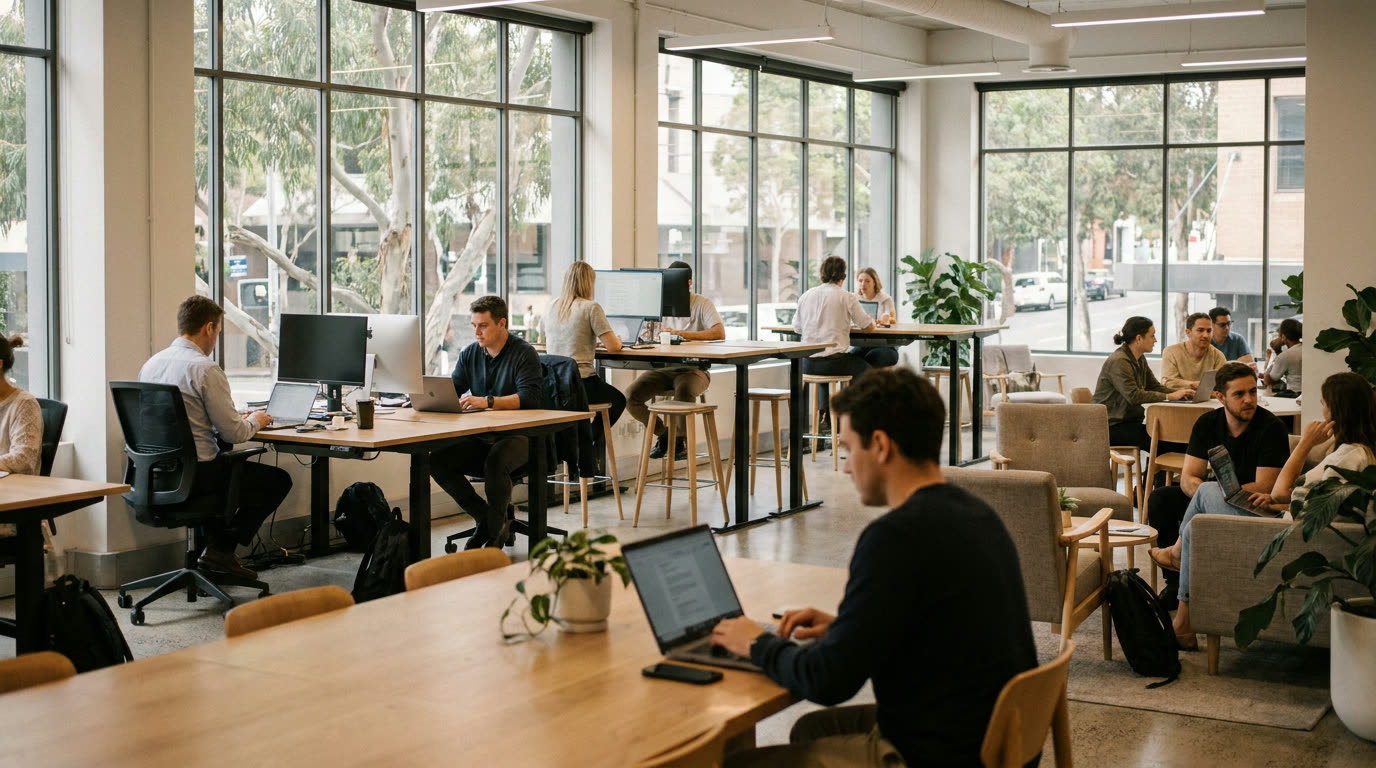 Modern Australian coworking space with natural light and ergonomic furniture