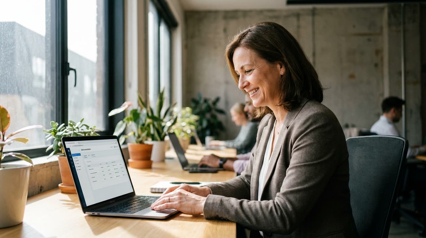 A professional accountant smiling while looking at a clean Xero reconciliation screen