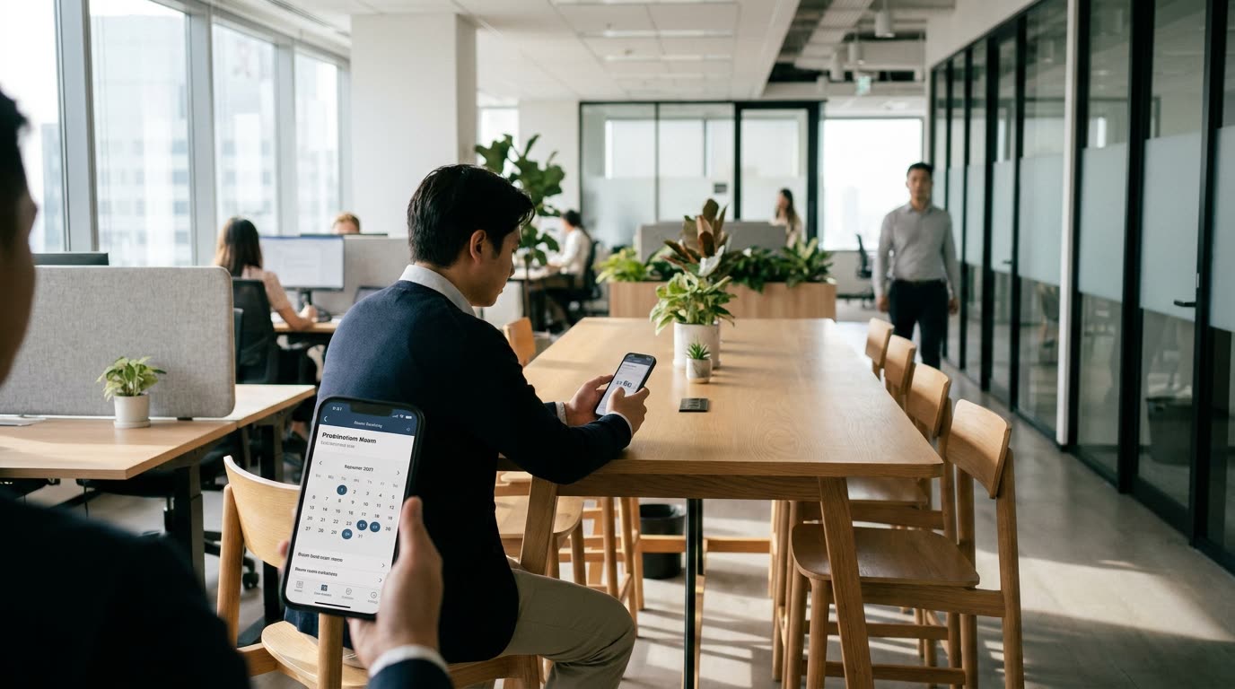 A person using a mobile app to book a meeting room in a modern office setting