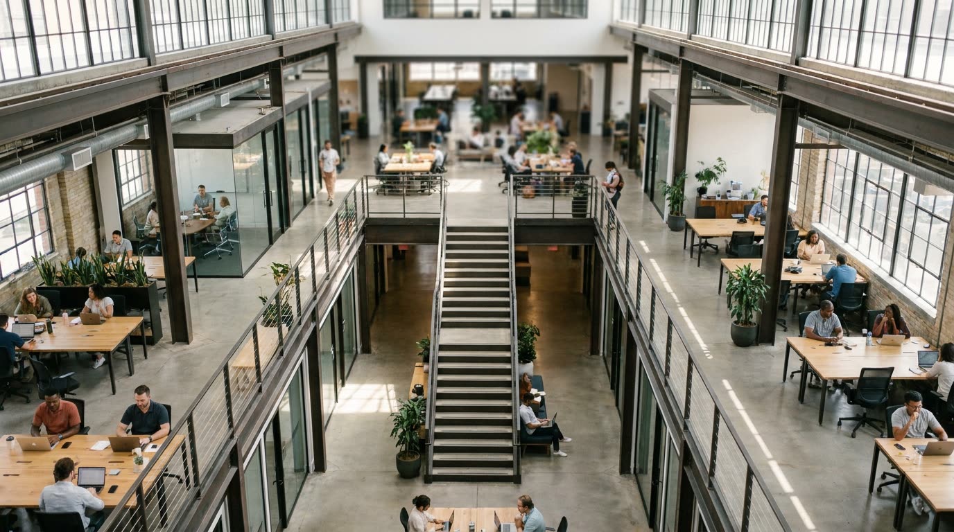 An aerial view of a vibrant multi-level shared office space with diverse professionals working, representing a successful scaled business