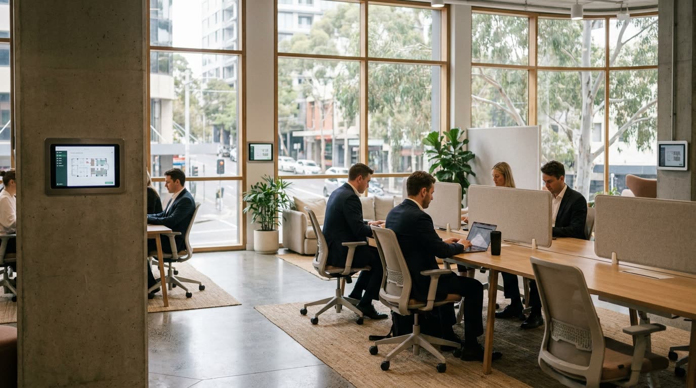 A modern Australian coworking space with integrated smart tablets on walls and ergonomic furniture