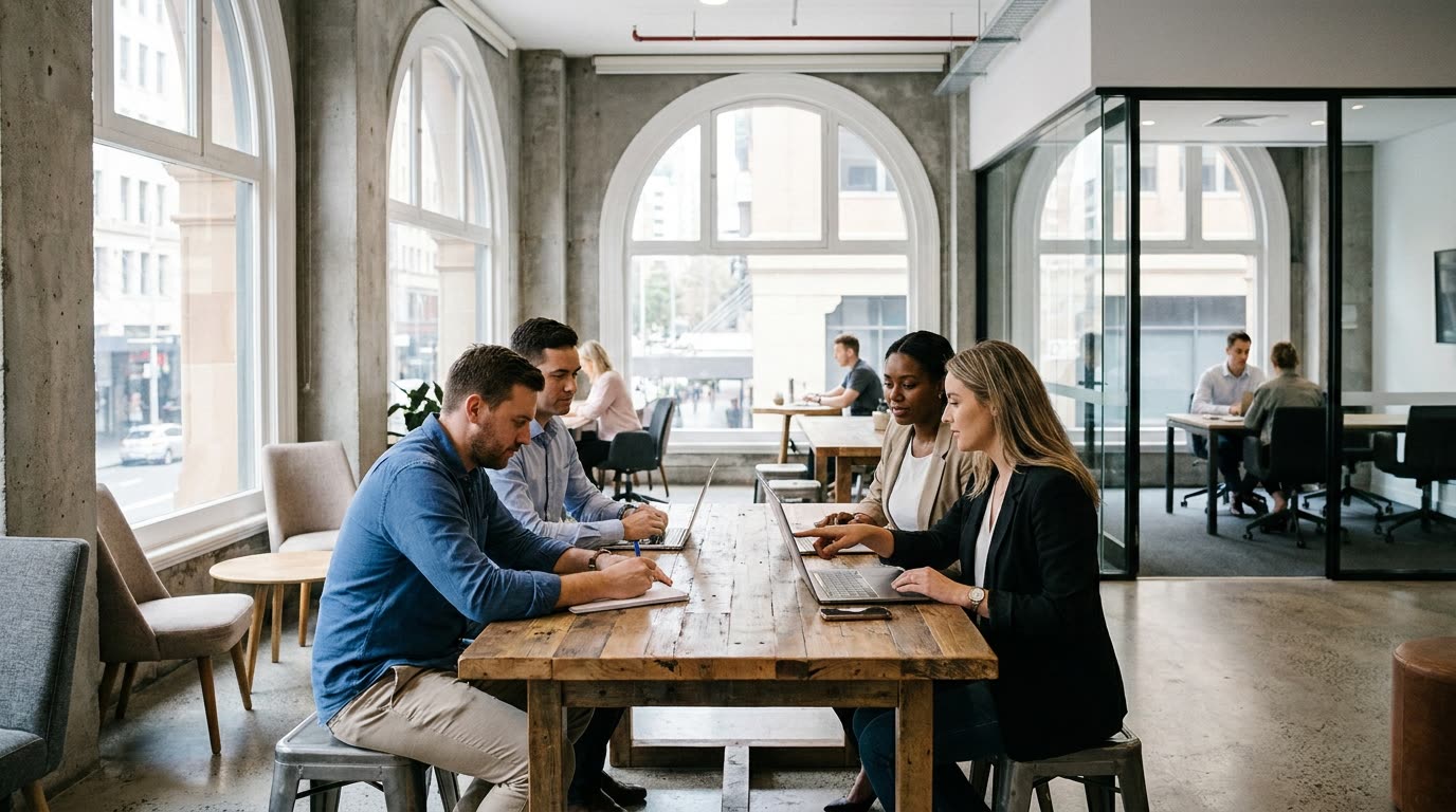 A diverse group of professionals working in a bright, modern Australian coworking space with high-end amenities