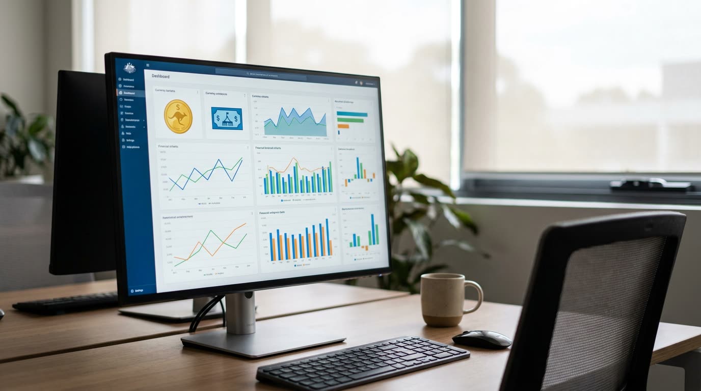 A professional dashboard showing financial charts, cash flow graphs, and Australian currency icons