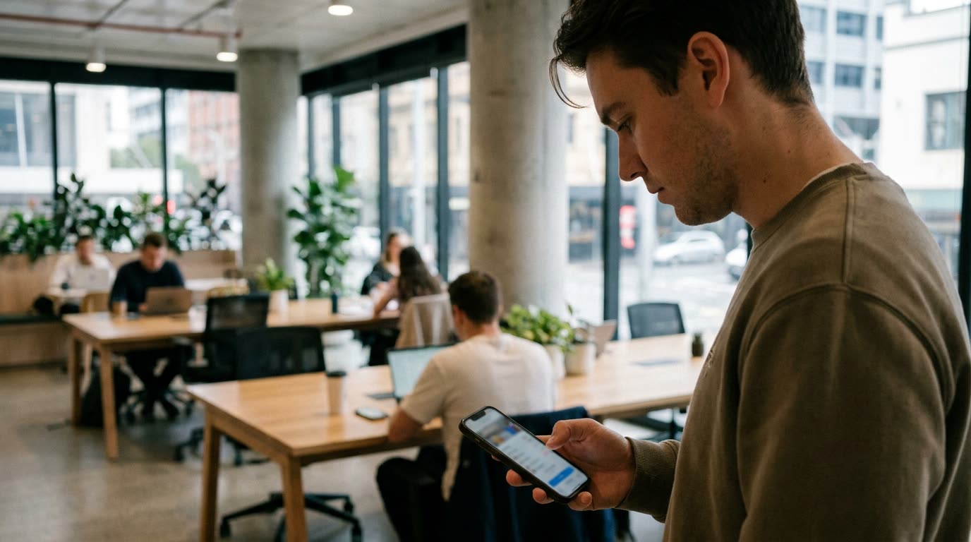 A person using a mobile app to book a coworking desk in a modern Australian office