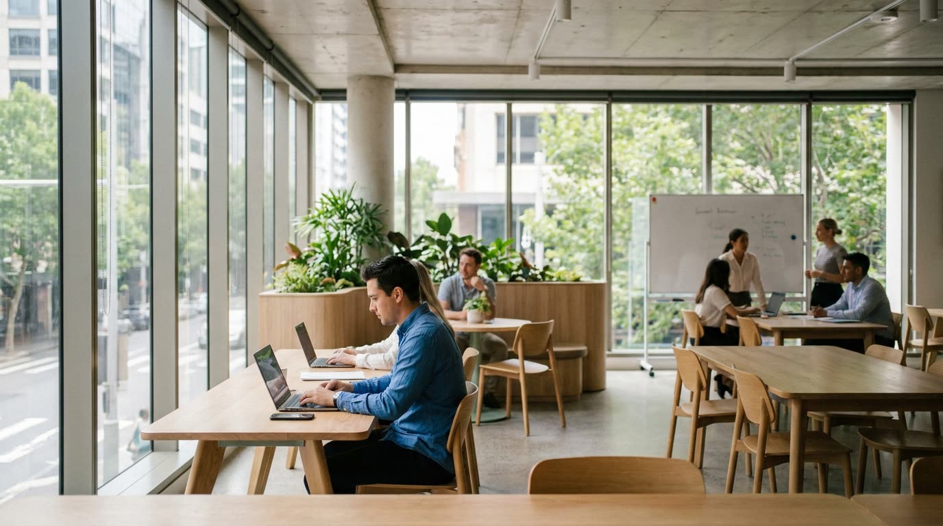 A bright, open plan coworking space in Sydney with people working at ergonomic desks