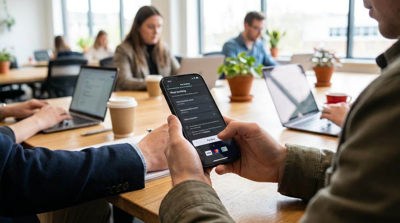 A professional using a mobile app to book a coworking desk with a seamless checkout screen