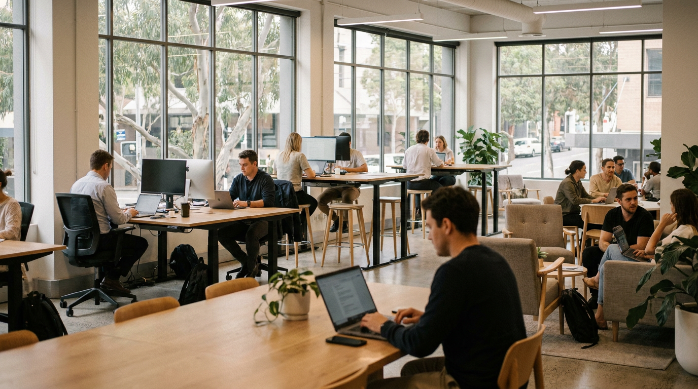 Modern Australian coworking space with natural light and ergonomic furniture