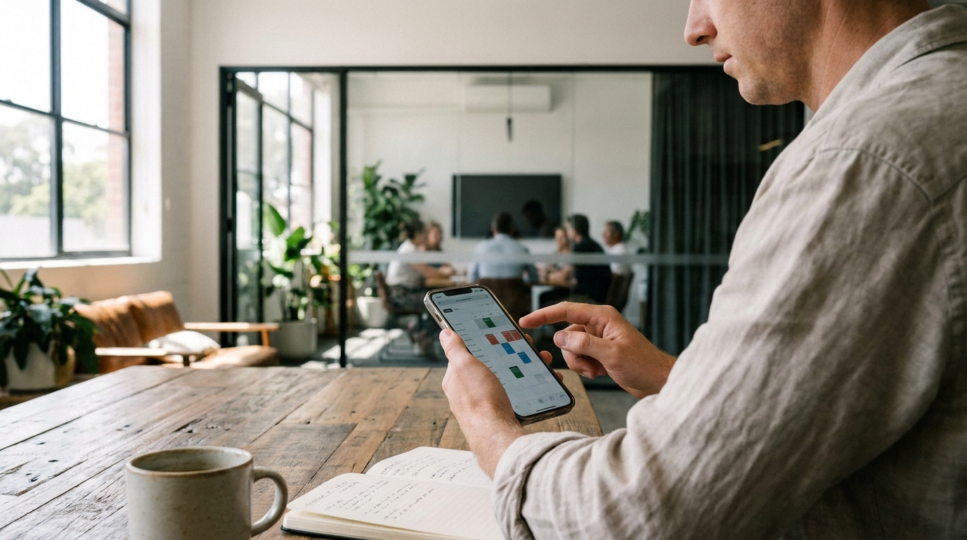 A person using a mobile app to book a meeting room in a coworking space