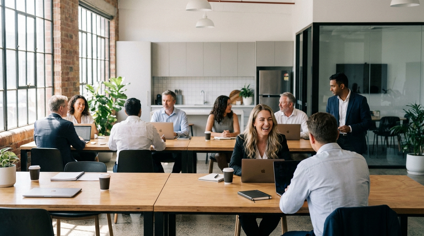 A group of diverse professionals collaborating in a brightly lit shared workspace
