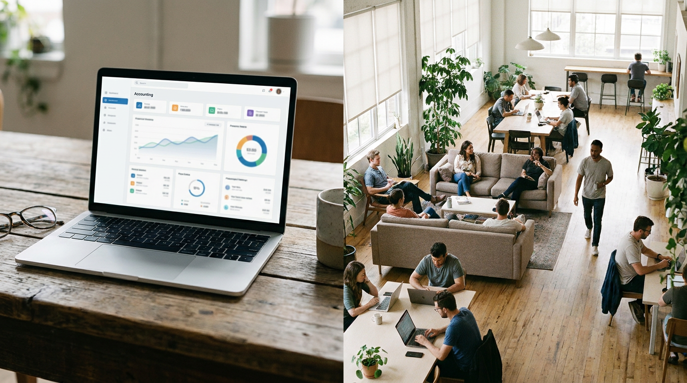 A split screen showing a clean modern accounting dashboard on a laptop next to a vibrant coworking space common area