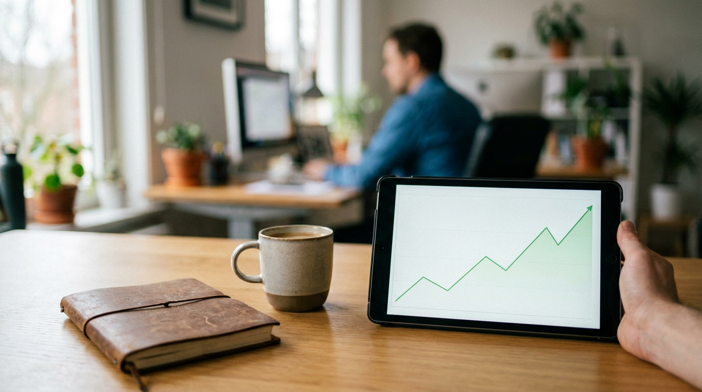 A digital tablet displaying a financial growth chart with a cup of coffee and a person working in the background