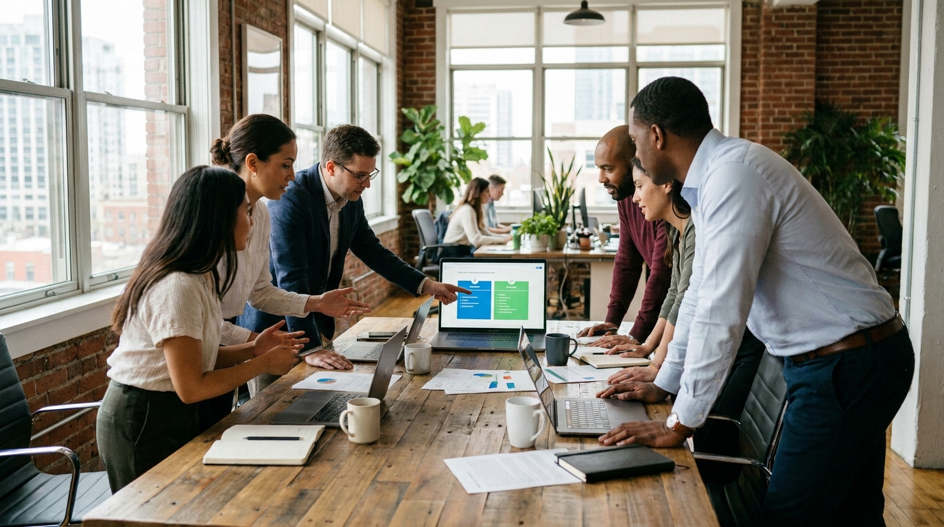 A group of diverse professionals collaborating around a large table in a bright, modern office space