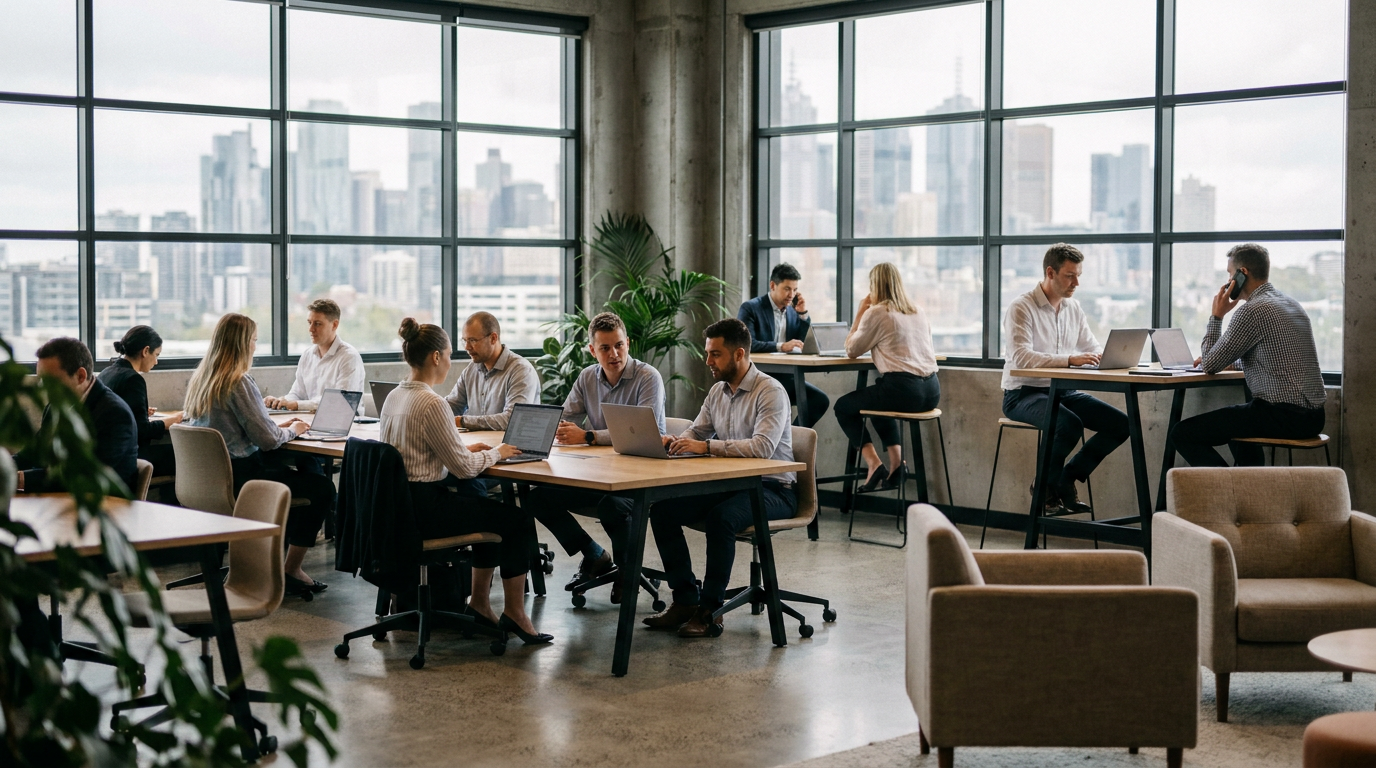 A modern coworking space in an Australian city with natural light and professional workers
