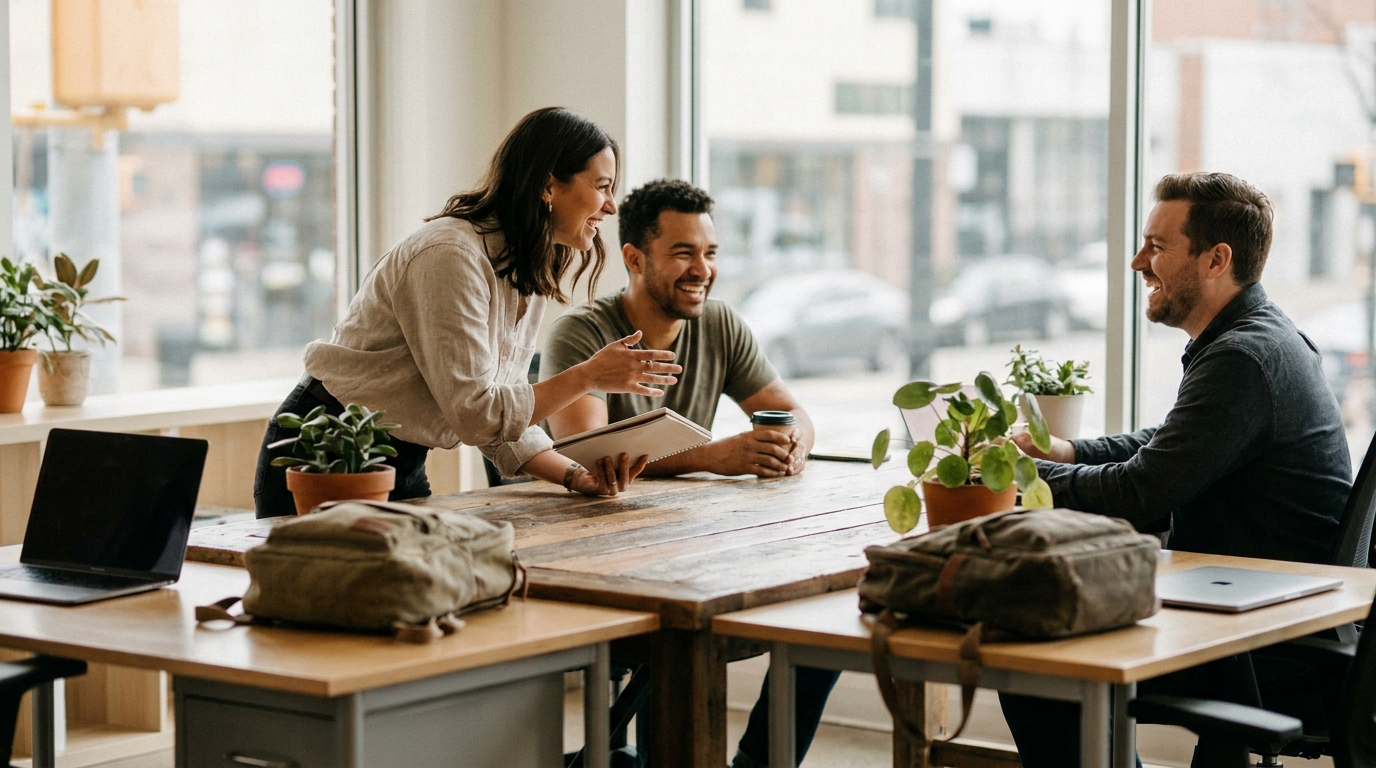 A community manager interacting with members in a bright open office area