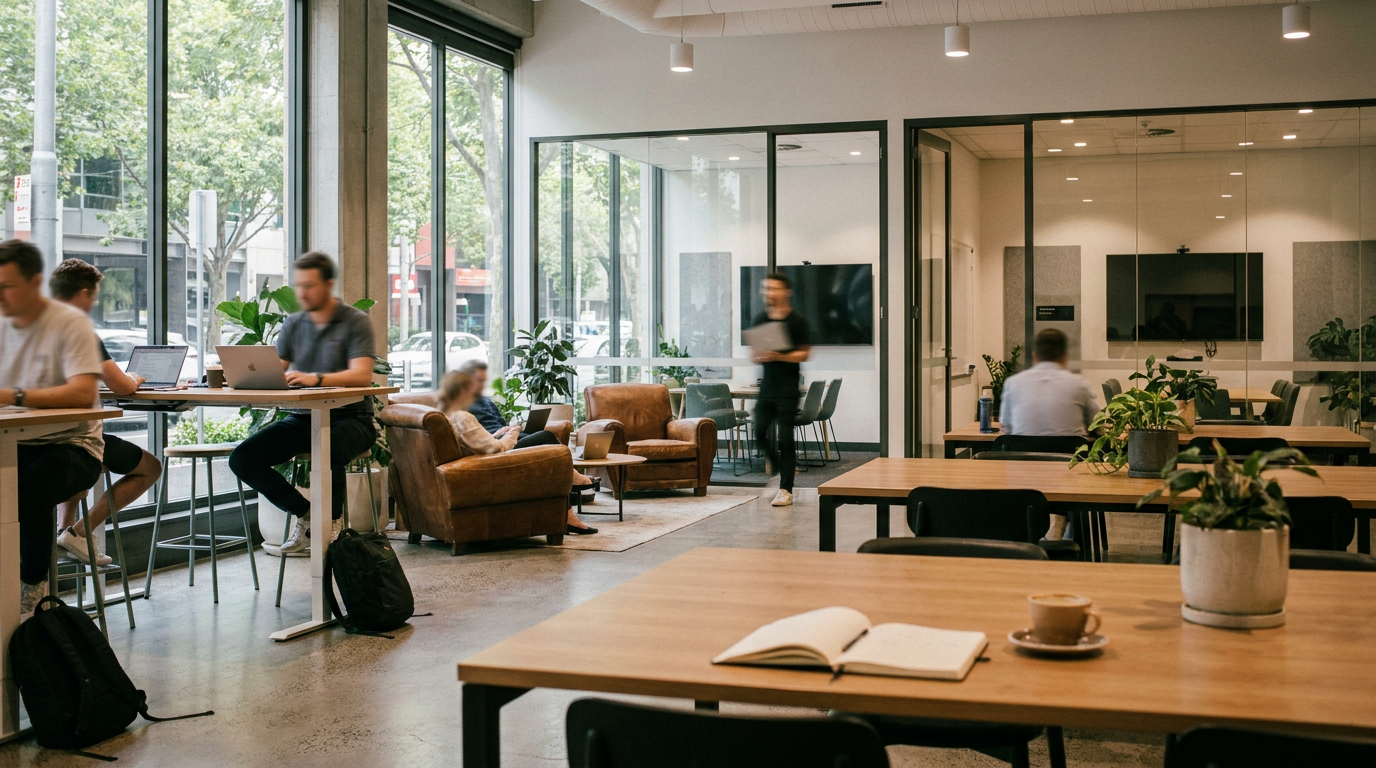 A modern Australian coworking office with ergonomic furniture and high-tech meeting rooms