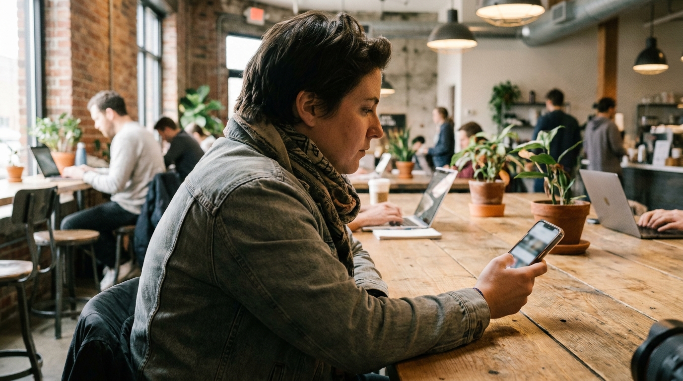 A person using a mobile app to book a desk in a coworking space