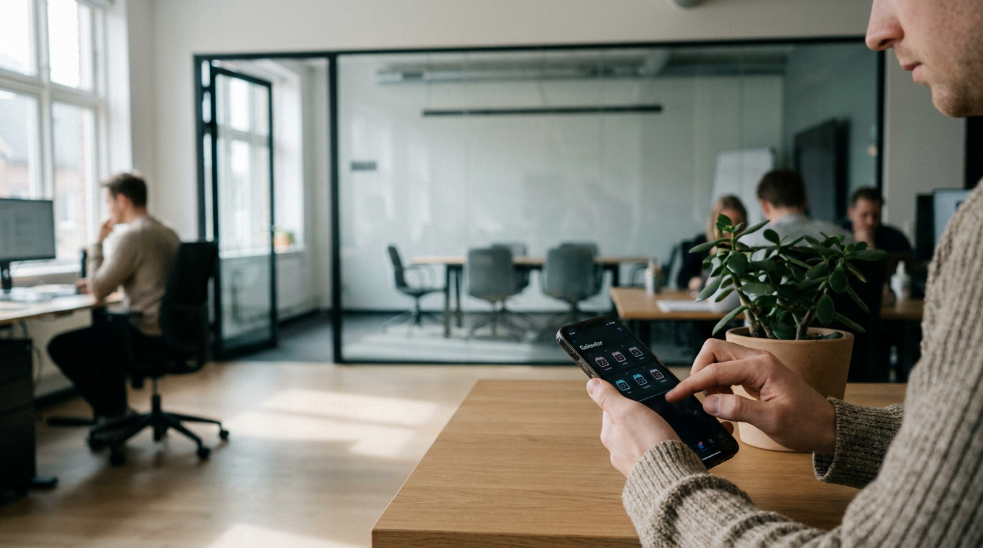 A person using a sleek mobile app to book a meeting room in a modern coworking office