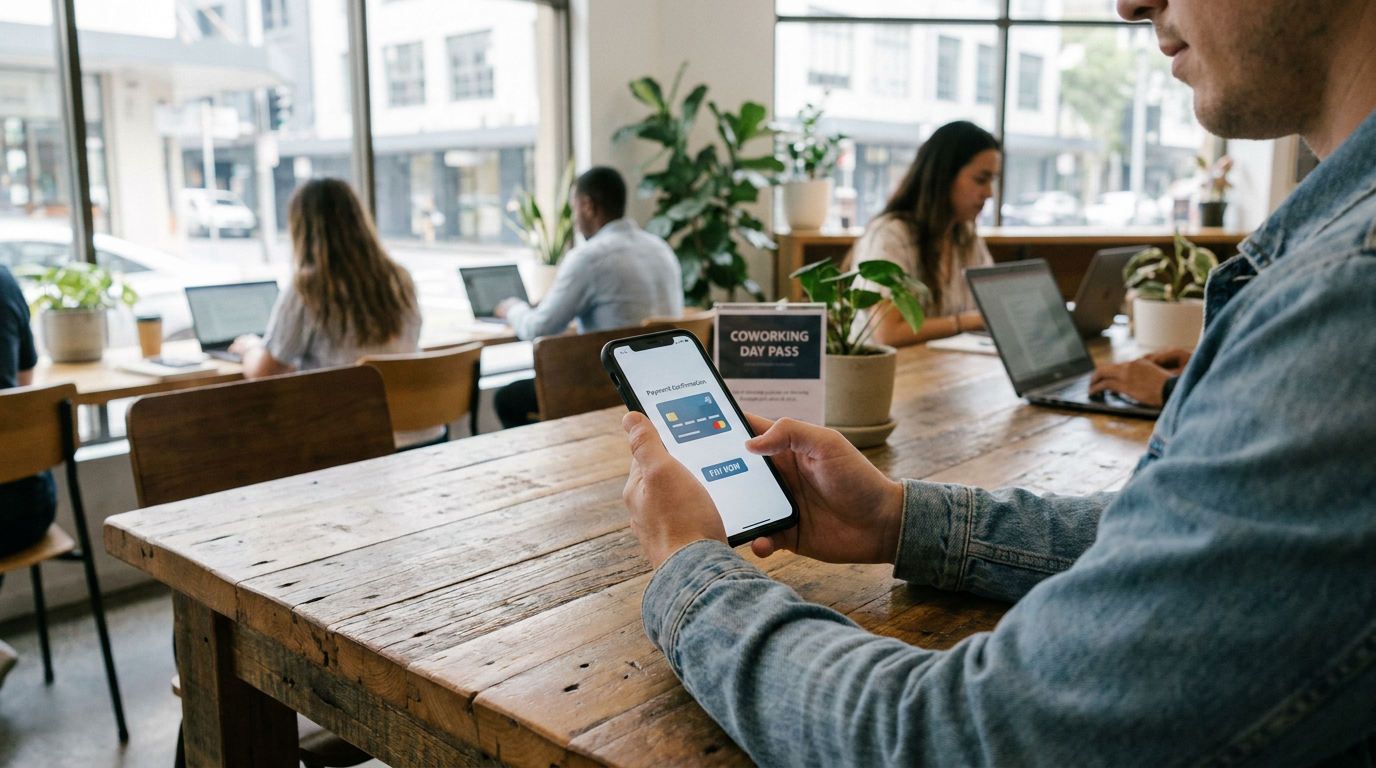 A member using a mobile app to pay for a coworking desk booking in an Australian office