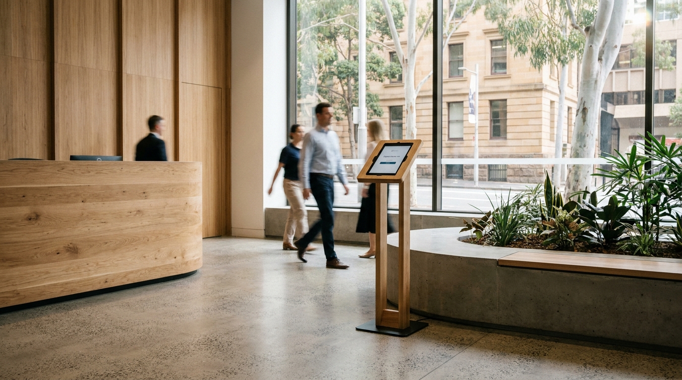 A clean Australian office lobby with a digital check-in kiosk for visitors
