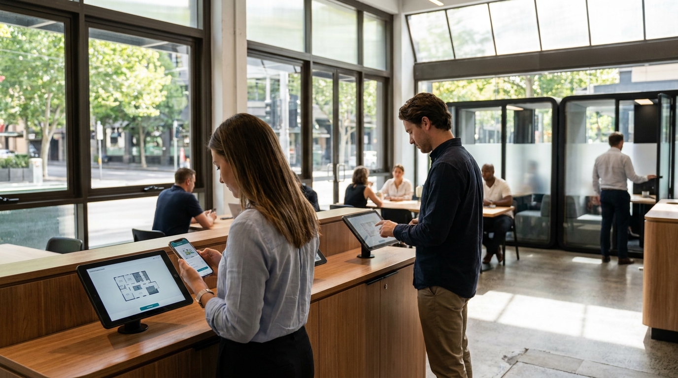 A modern coworking space in Australia with digital check-in kiosks and members using a mobile app to book meeting rooms.