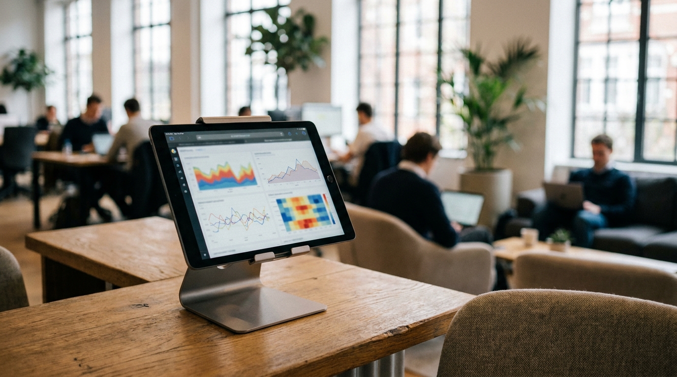 A dashboard showing real-time analytics for a coworking space, including occupancy rates, revenue projections, and member activity graphs.