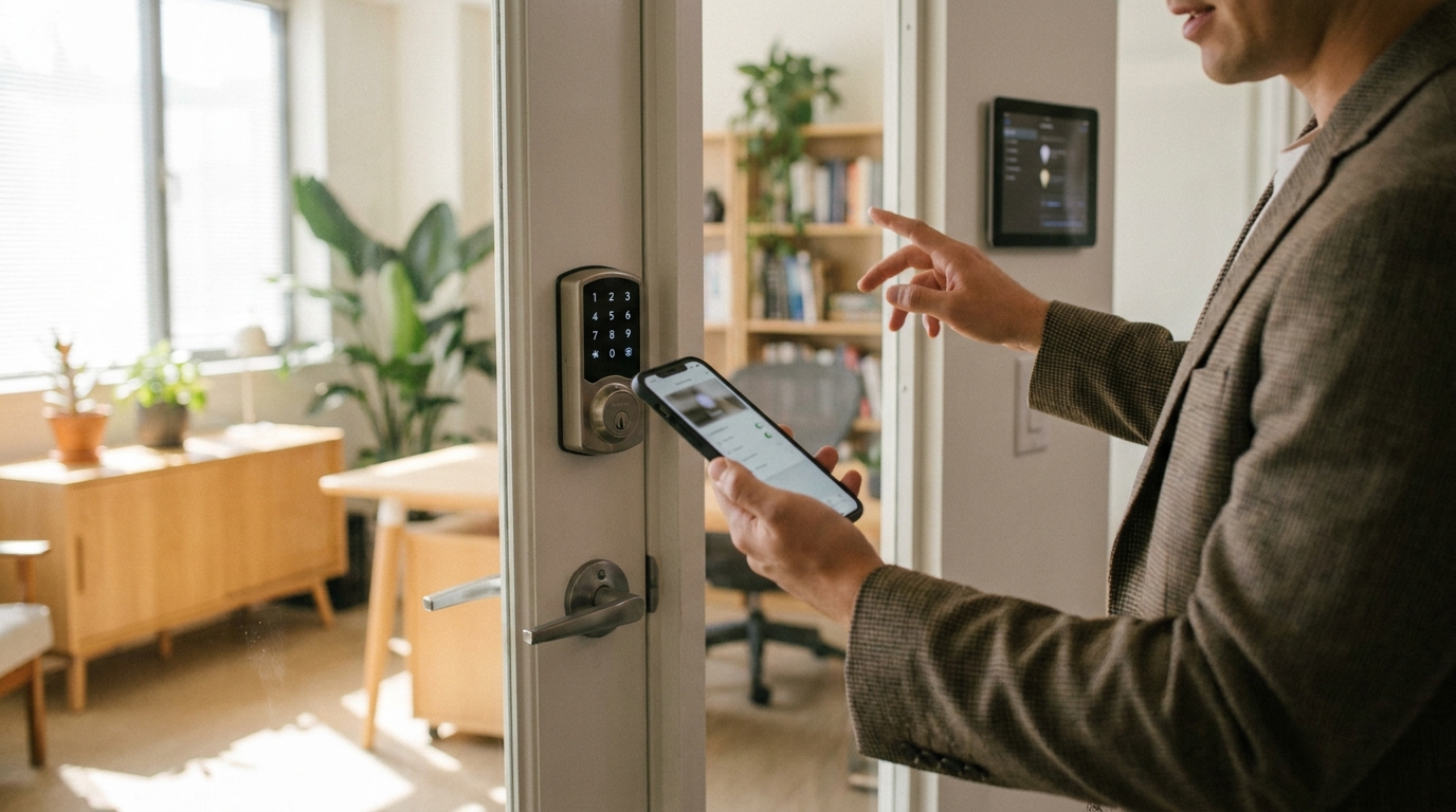 A professional using a smartphone to unlock a door and adjust lighting in a private office space.