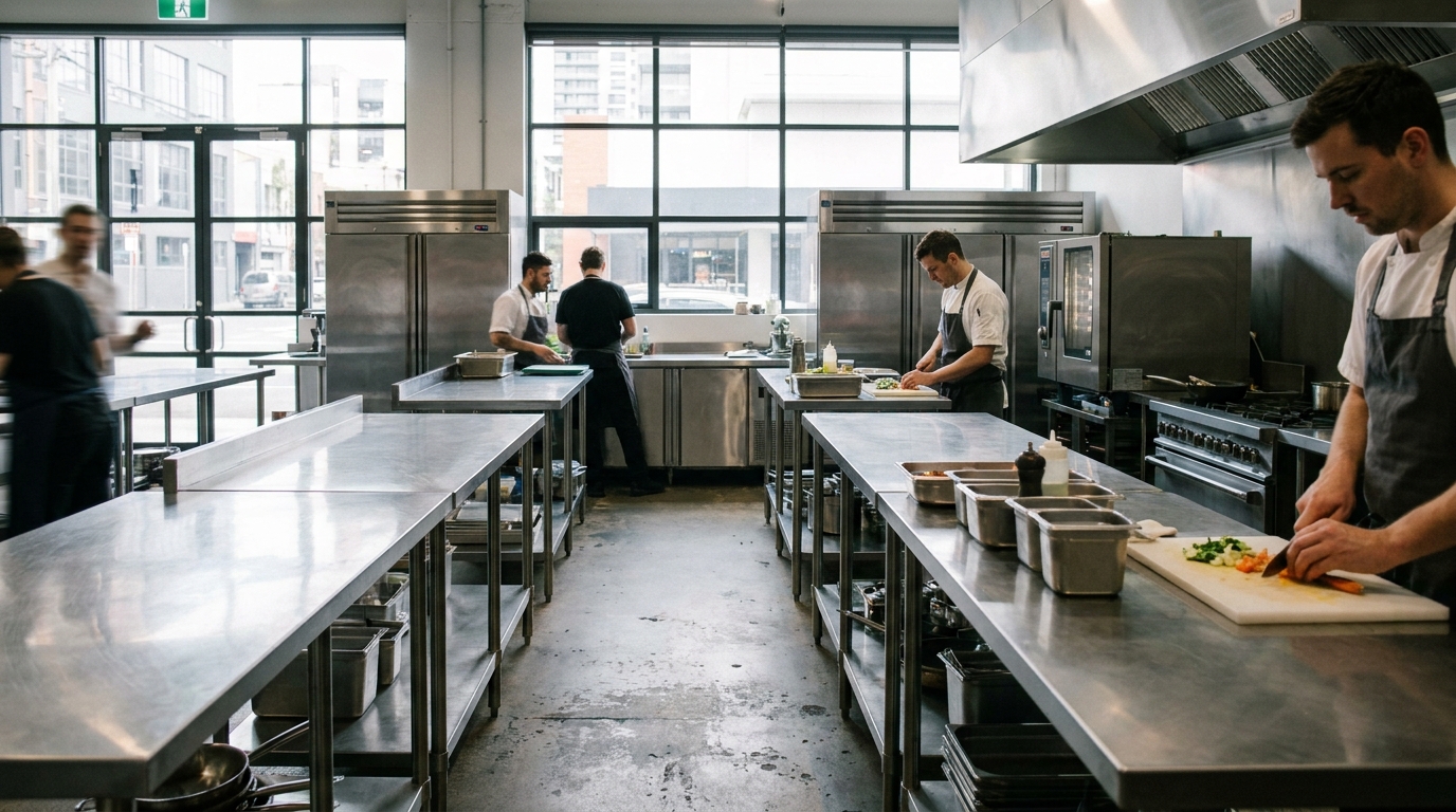 A clean modern commercial kitchen with stainless steel benches and industrial appliances in Melbourne