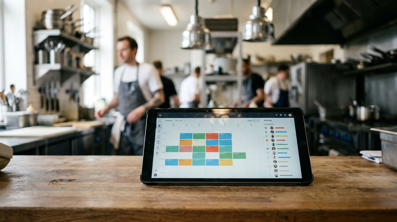 A tablet showing a kitchen booking dashboard with a calendar and member list