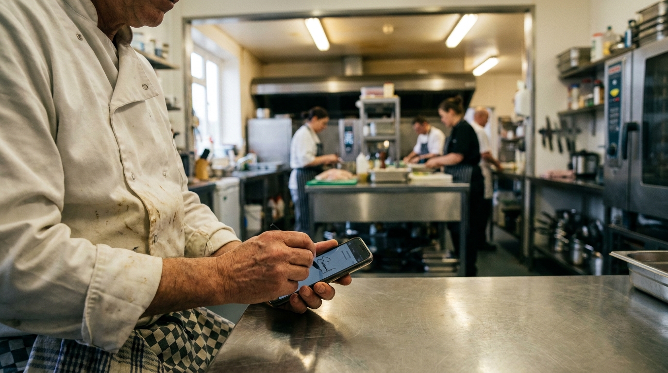 A person in a chef uniform signing a digital document on a smartphone