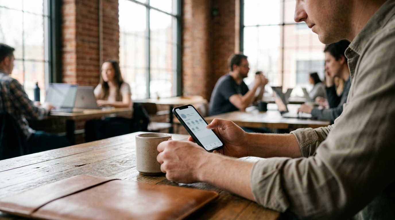 A member of a coworking space using a mobile app to pay an invoice and book a meeting room.