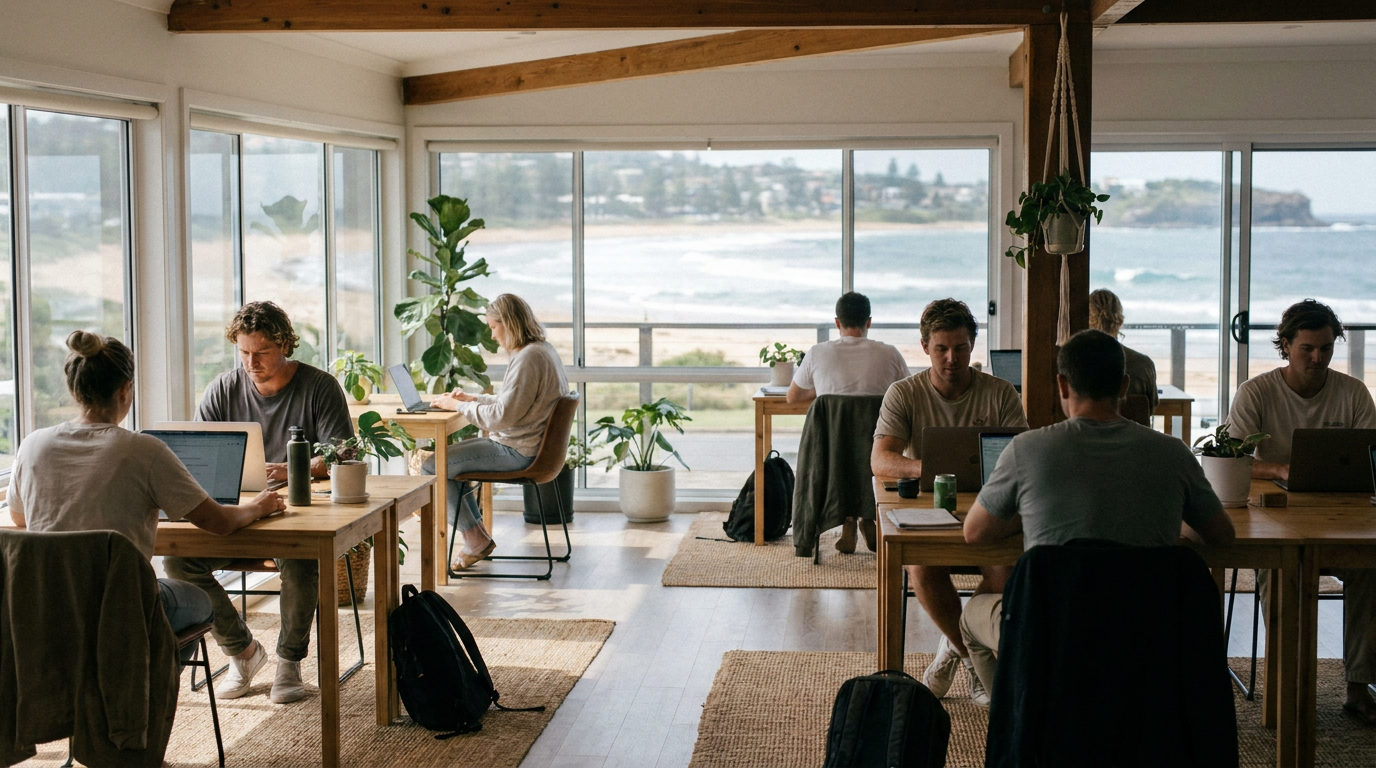 Modern coworking space in a regional NSW town with coastal views and professional workstations