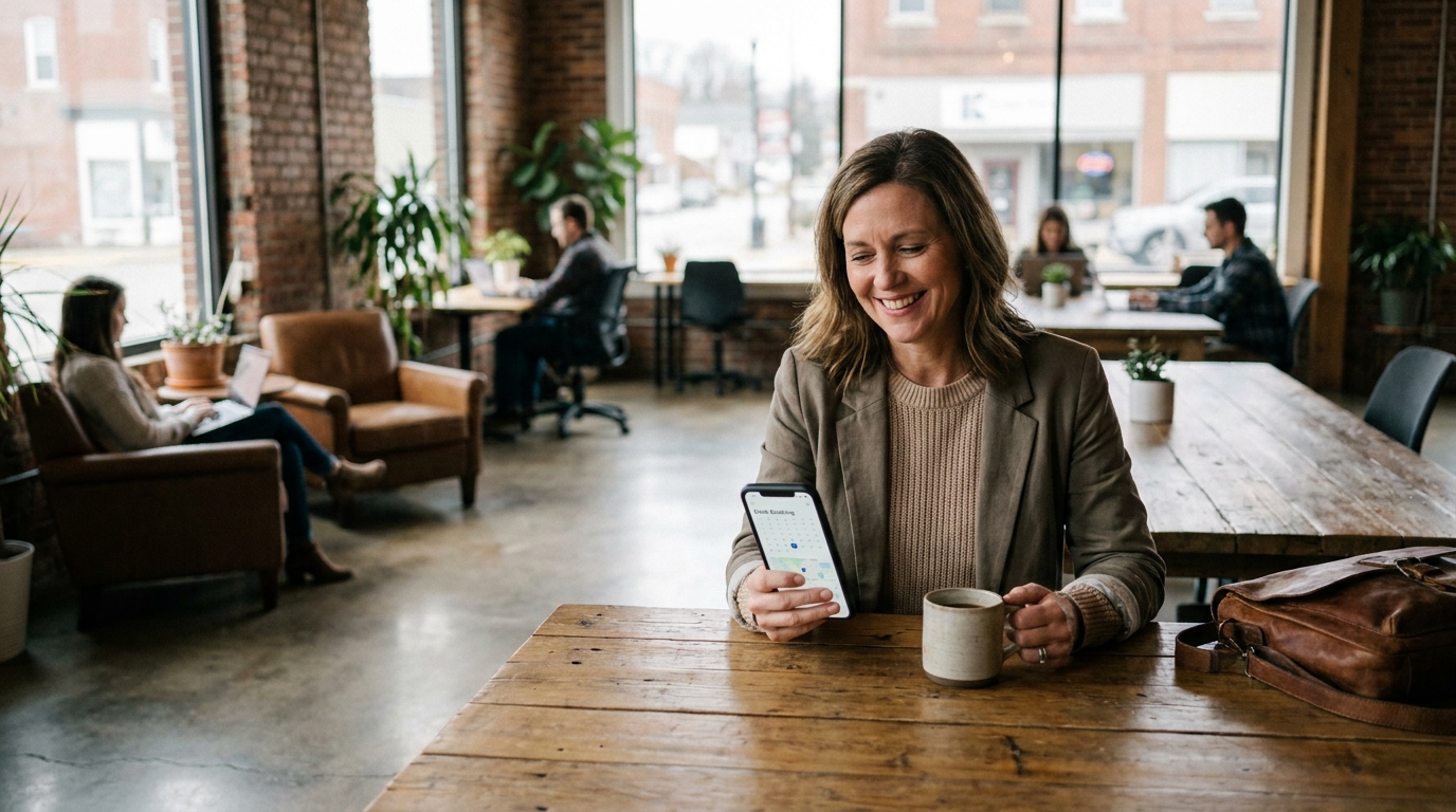 A business owner using a mobile app to book a desk in a regional coworking hub