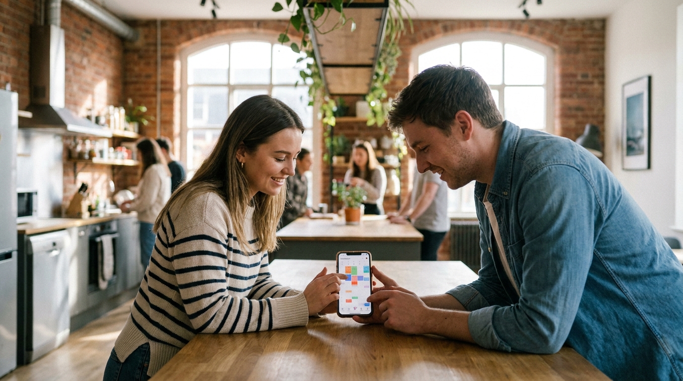 Young professionals using a mobile app to book a shared kitchen in a coliving building