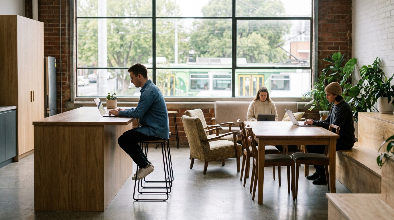 A clean, modern coliving common area in Melbourne with residents working on laptops