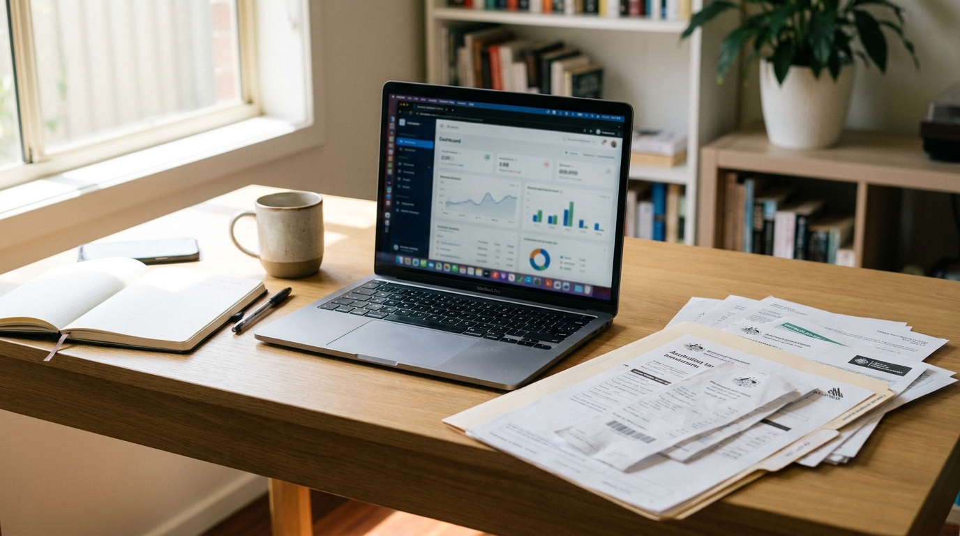 A professional desk setup with a laptop showing a Xero dashboard and Australian tax documents nearby