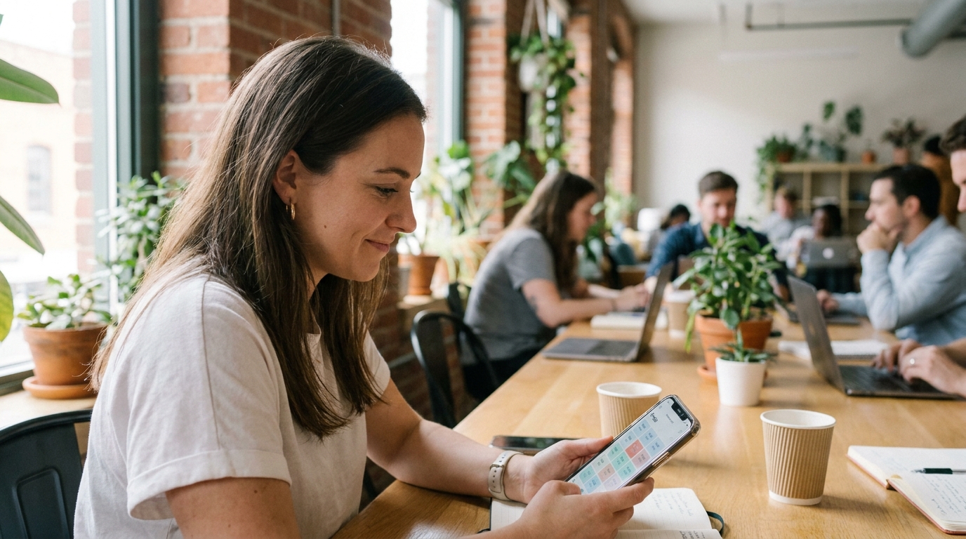 A community manager in an Australian coworking space using a mobile app to check member bookings