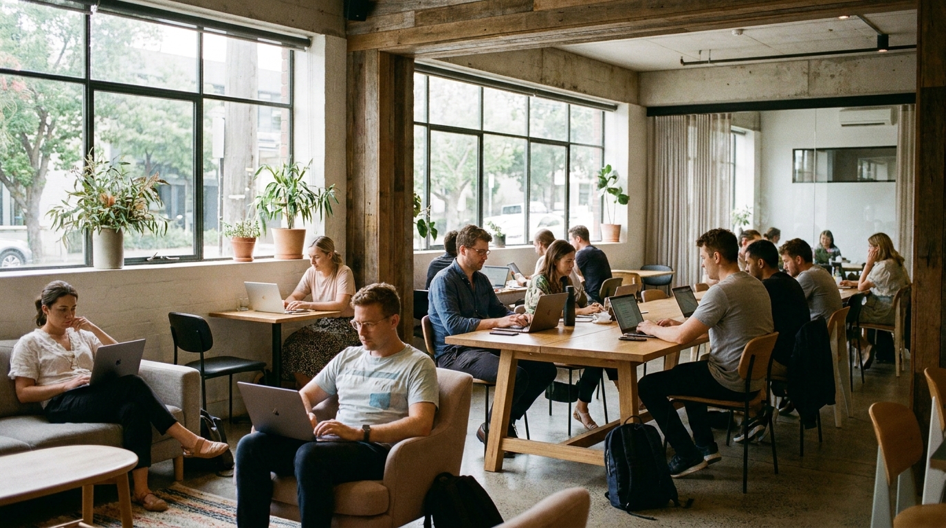 A modern Australian coworking space with natural light and professionals working on laptops