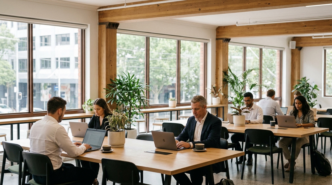 A modern Australian coworking office with people working at desks and a clean, professional aesthetic