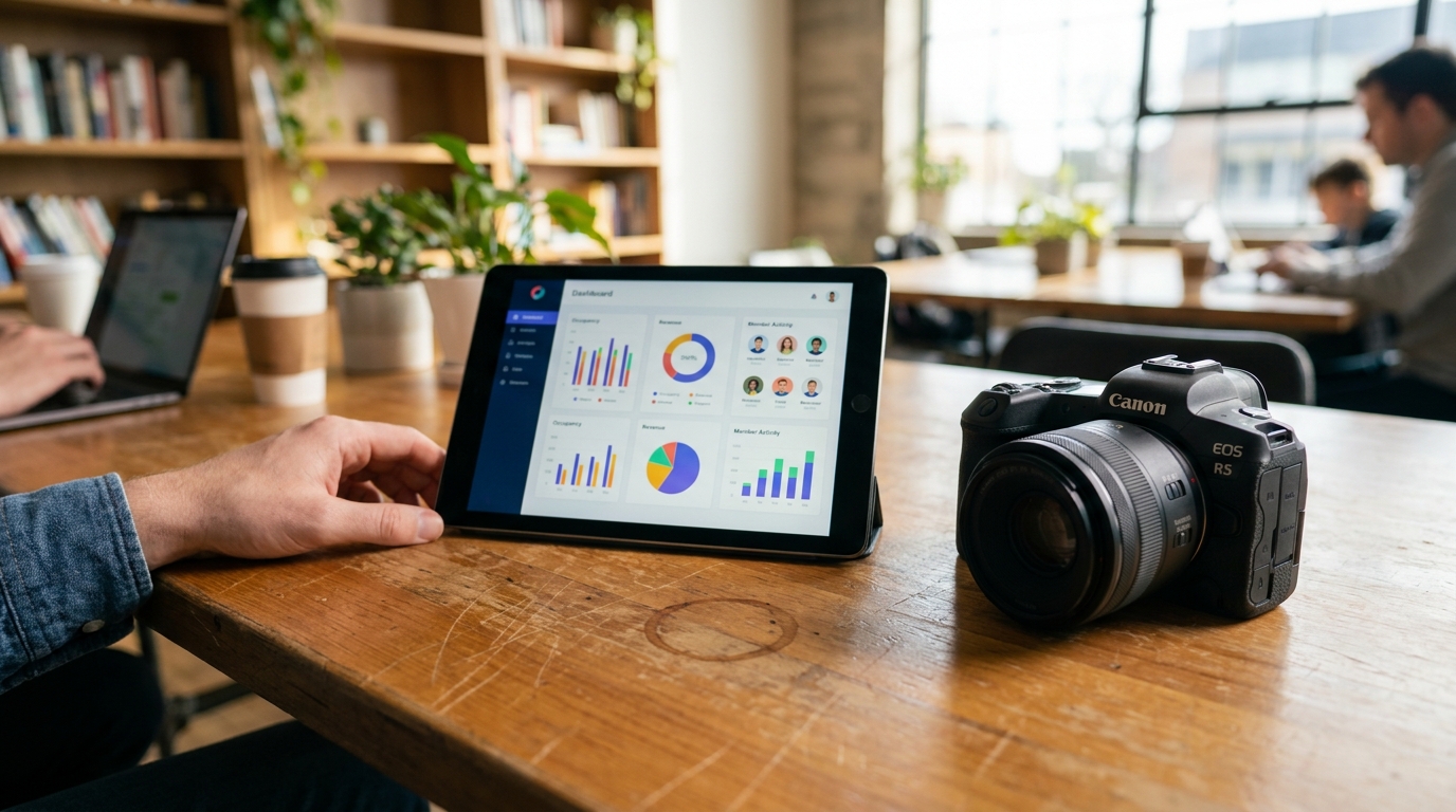 A dashboard showing coworking space analytics and member management tools on a tablet
