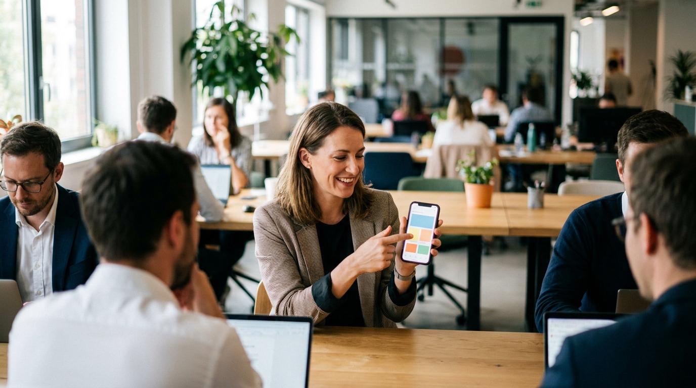 A professional woman smiling while using a mobile app to manage her workspace bookings