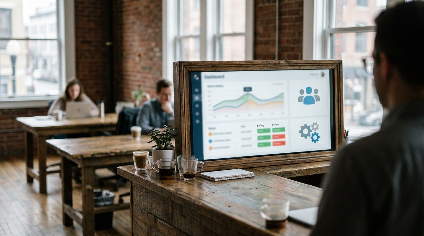 A dashboard showing automated financial charts and coworking member billing status