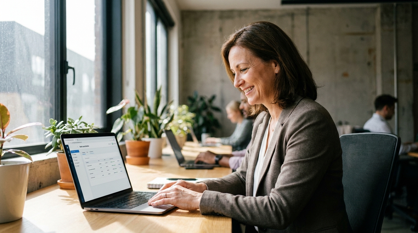 A professional accountant smiling while looking at a clean Xero reconciliation screen