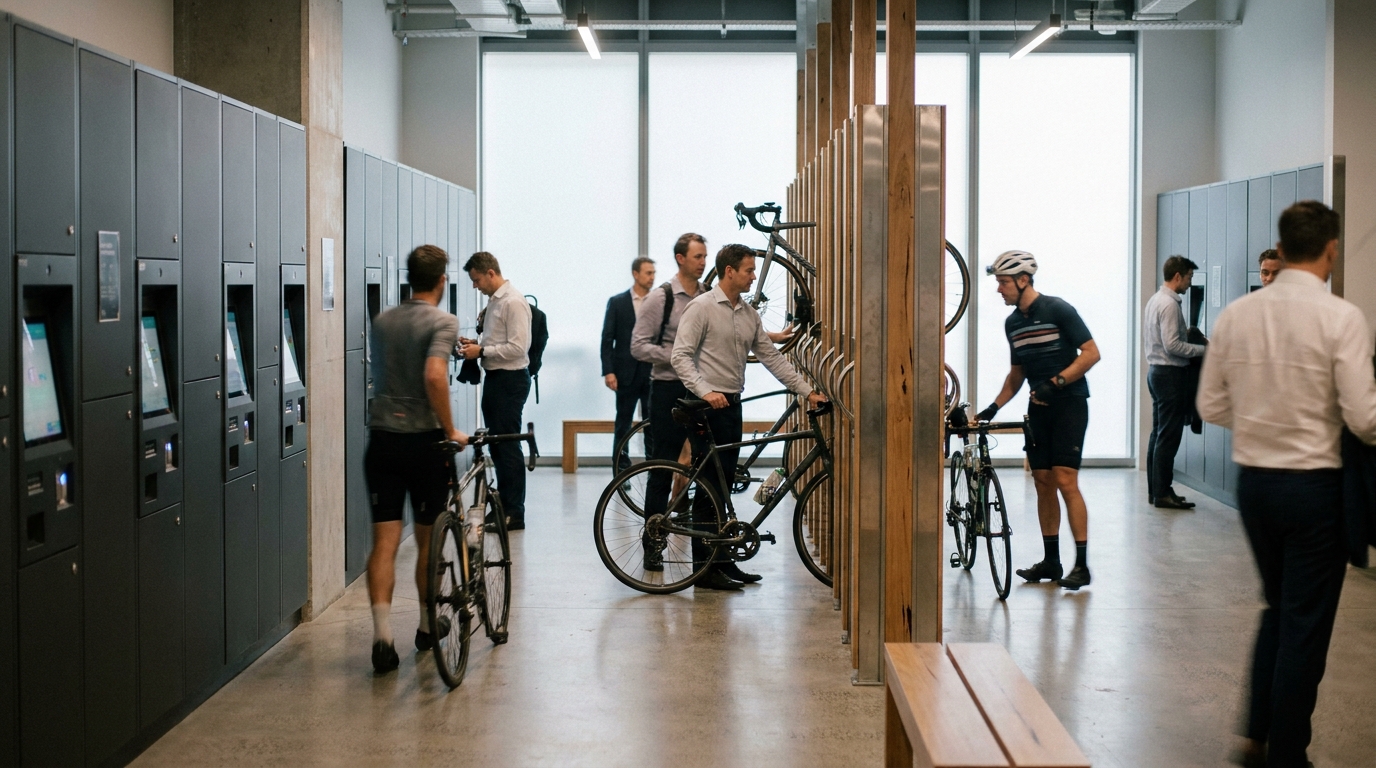 Modern end-of-trip facility with sleek bike racks and digital locker kiosks in a Sydney office building