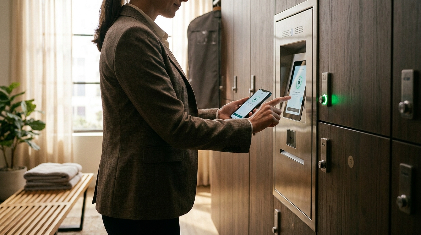 A professional using a smartphone app to unlock a smart locker in a high-end changing room