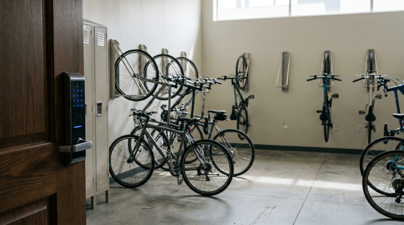 A clean and organized bike storage room with wall-mounted racks and a digital access pad