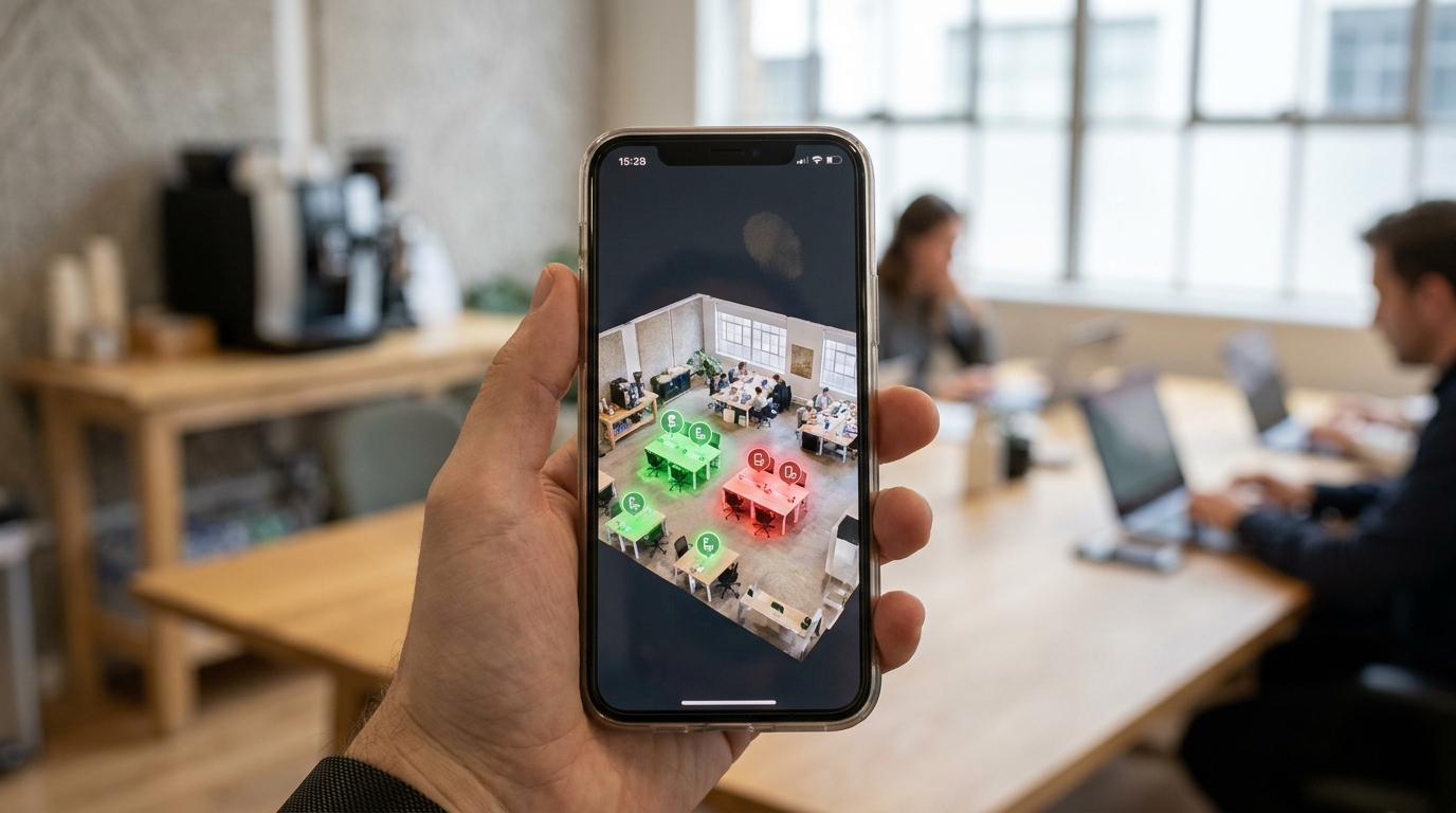 A mobile app interface showing a 3D floor plan of a coworking space with green and red desks indicating availability