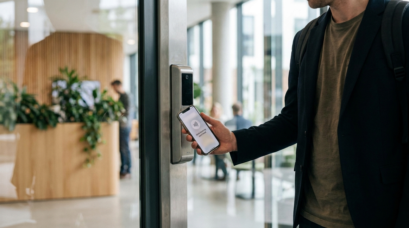 A member using their smartphone to tap a digital lock at the entrance of a modern office