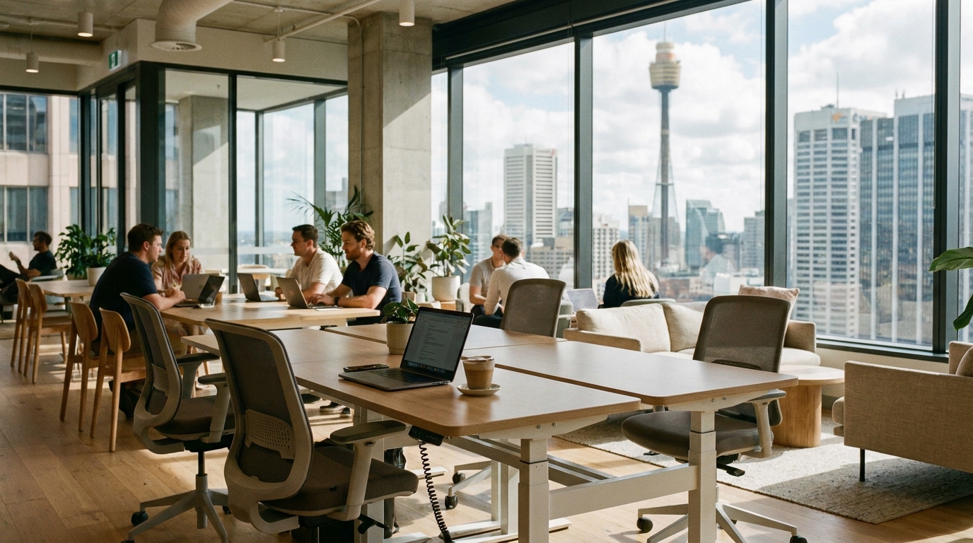 Modern Sydney CBD coworking space with floor to ceiling windows and ergonomic furniture