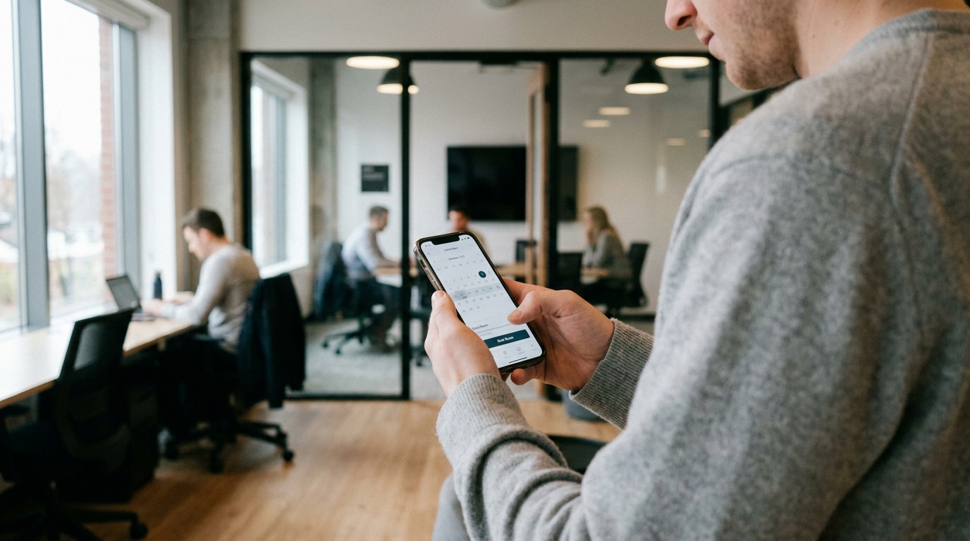 A person using a mobile app to book a meeting room in a coworking space