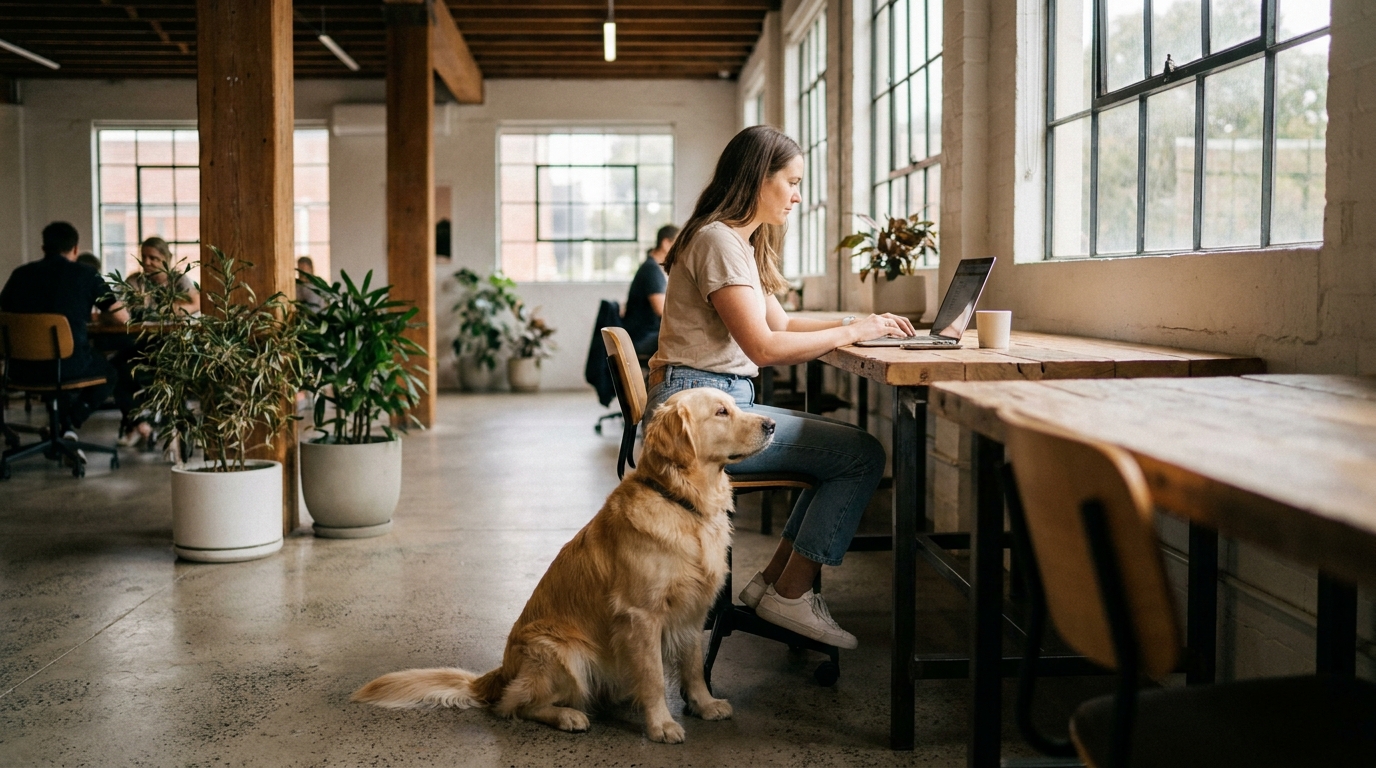 A modern Australian coworking space with a golden retriever sitting calmly next to a member at a timber hot desk